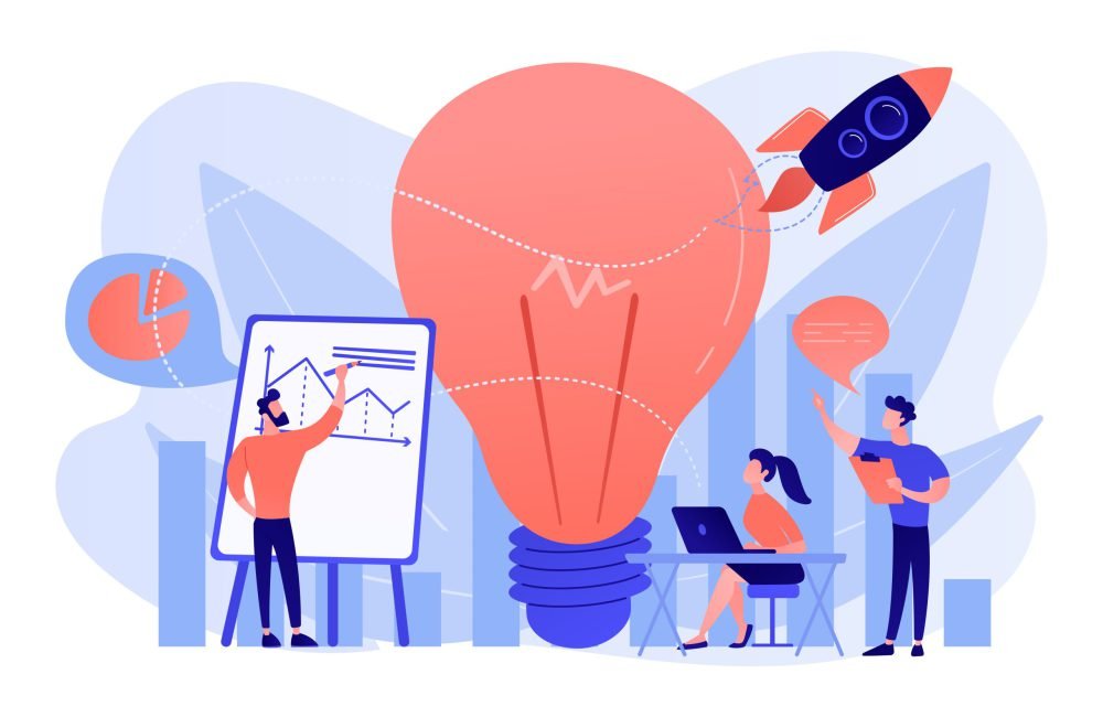 Vision statement concept vector illustration. Business team brainstorm, lightbulb and rocket. Vision statement, business and company mission, business planning concept on white background. Pink coral blue vector isolated illustration