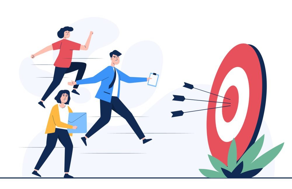 Concentration and focus on business goal or target, Business goa Concentration and focus on business goal or target, Business goal solution concept. Target hit in center to business success. Vector illutration flat style