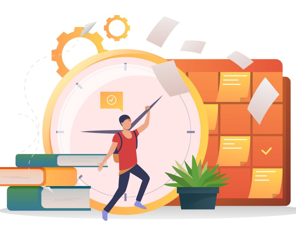 Student moving clock hands. Clock, stack of books, note board, papers. Time management concept. Vector illustration for topics like education, training, development